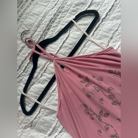 Pink Y2K Mcbling Tabom Halter Top with silver Floral Design - Picture 8 of 9